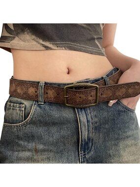 Women Brown Western Strap Vintage Embossed Leather Bucket Belt Cowgirl Engraved